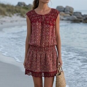 MNG by Mango Suit Red Paisley Medallion Boho‎ Beaded Smocked Mini Dress Womens 4